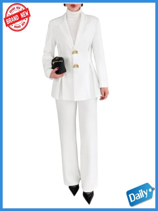 Pants - Women's Pantsuit Set Business Casual Long Sleeve Blazer & Straight Pants High